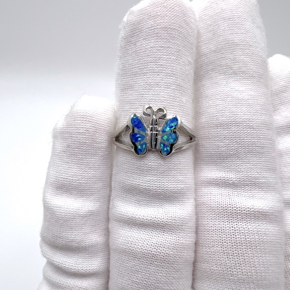 Sale $20 Firm! .925 Sterling Silver Lab Created Blue Opal Butterfly Ring - Picture 9 of 14